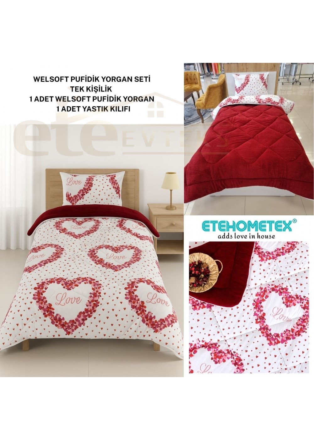 ETE HOMETEX TEK KİŞİLİK LÜX WELSOFT YORGAN SETİ LOVE BORDO 155X215CM 8696474231966 ETE HOMETEX TEK KİŞİLİK LÜX WELSOFT YORGAN SETİ LOVE BORDO 155X215CM 8696474231966